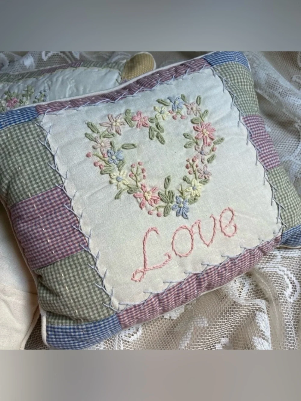Set of 3 Primitive Quilted Embroidered Pastel Patchwork Decorative Pillows 9”x8”